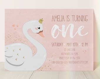 Swan Birthday Invitation with Gold Glitter or or Silver, Swan Princess Birthday Invite Pink Swan Invite Girls 1st Birthday, Printed Hearts 0033