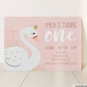 Swan Birthday Invitation with Gold Glitter or Silver, Swan Princess Birthday Invite Pink Swan Invite Girls 1st Birthday, Printed Hearts 0033