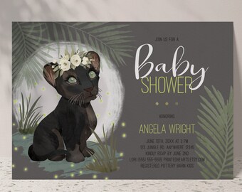 Floral Black Panther Baby Shower Invitation, Wild and Free Invite, Jungle Baby Shower Invite, Moon Invite, Cute Baby Animal, Fireflies