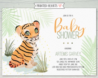 Cute Tiger Baby Shower Invitation - Wild and Free Invite - Gender Neutral Animal Baby Shower Invite - Vert - Orange - Imprimable - 0413