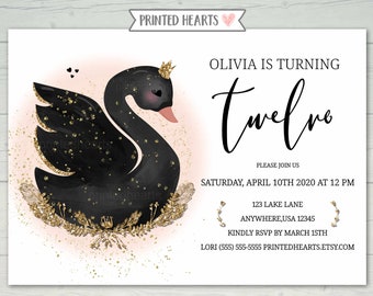 Swan Birthday Invitation with Gold Glitter, Swan Princess Birthday Invite Black Swan Invite Girls 1er anniversaire, Teen, Printed Hearts 0033