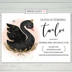 Invitación de cumpleaños de Swan con brillo dorado, invitación de cumpleaños de Swan Princess Black Swan Invite Girls 1er cumpleaños, adolescente, corazones impresos 0033