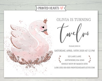 Rose Gold Swan Birthday Invitation, Watercolor Swan Princess Invite, White and Pink Swan Girls 1st Birthday, Printed Hearts 0033