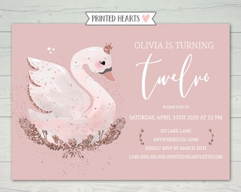 Rose Gold Swan Birthday Invitation, Aquarelle Swan Princess Invite, Dusty Rose Pink Swan Girls 1er anniversaire, Printed Hearts 0033