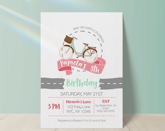 Ride On Over & Celebrate - Bicycle Birthday Party Invitations - Bike Party Invite - Vintage - Invite- Mint Green - Pink- Bike - Printable