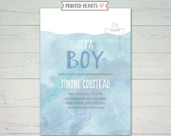 It's A Boy Baby Shower Invitation - Nautical Baby Shower Invites  - Whale Invite - Blue Watercolor Invite -  Ocean - Under The Sea - Boat