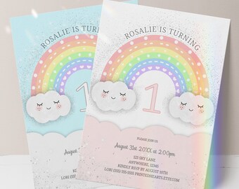 Invitation d’anniversaire mignon arc-en-ciel et nuages en rose ou bleu - Invitation Kawaii Cloud - 1er anniversaire - Invitation d’anniversaire arc-en-ciel pour enfants