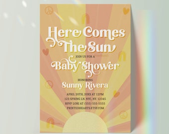 Groovy Sunshine Baby Shower Invitation, Seventies, Here Comes The Sun, Retro, Girl Baby Shower Invites - Sunburst Peace Love