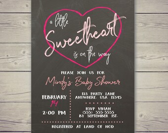 A Little Sweetheart Is On The Way Baby Shower Invitation, Valentines Day Baby Shower, Pink Baby Girl Invites, Heart Invite, Chalkboard