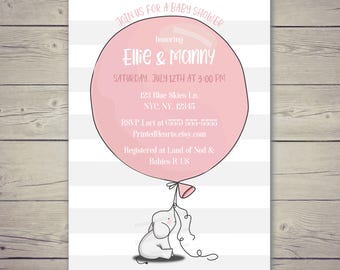 Elephant Baby Shower Invitation, Baby Girl Elephant Baby Shower, Balloon and Elephant Invite, Gray and Pink Invitation, Grey and White