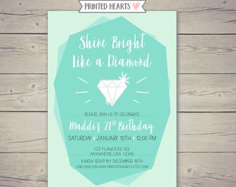 Shine Bright Like A Diamond Invitation Teen Diamond Birthday Invite Mint Green Blue Party Invites by Printed Hearts Co