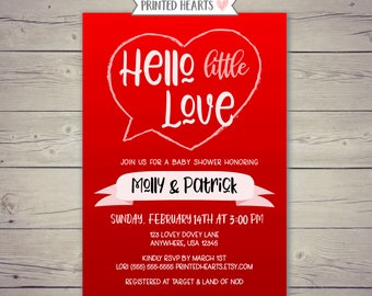 Hello Little Love Baby Shower Invitation - Red Baby Shower Invitation - Pink & Red Invites - Heart Baby Shower Invites - Baby Girl Invites