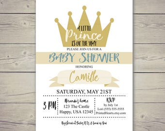 Invitation Prince, Un petit prince est en route, Invitation bébé garçon, Invitation Baby Shower, Invitation Couronne, Bleu, Crème, Beige, Or