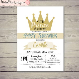 Prince Invitation, A Little Prince Is On The Way, Baby Boy Invitation, Baby Shower Invitation, Crown Invitation, Blue, Cream, Beige, Gold image 1