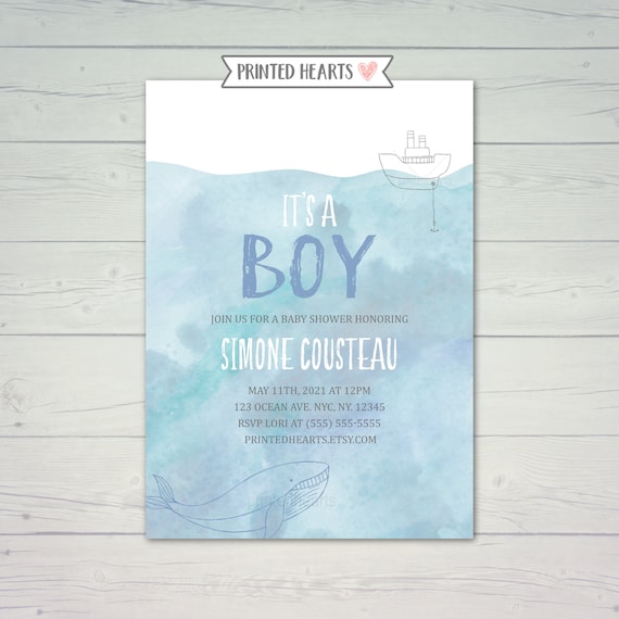 It S A Boy Baby Shower Invitation Nautical Baby Shower Invites Whale Invite Blue Watercolor Invite Ocean Under The Sea Boat By Printed Hearts Catch My Party