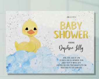 Invitation à la baby shower de canard - Canard en caoutchouc - Invitation à la baby shower d’animaux mignons - Douche imprimable neutre de genre - Bleu et jaune - 0412