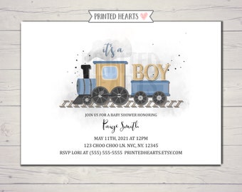 It's A Boy Train Invitation, Blue and Neutral Baby Shower Invite, Classic Baby Boy Shower Invitation, Printed Hearts -0308