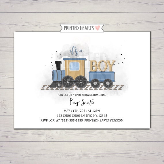 Welcome Little One Boy Blue Train Baby Shower Party Invitations w/Envelopes 