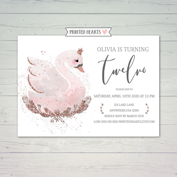 Rose Gold Swan Birthday Invitation, Watercolor Swan Princess Invite, White and Pink Swan Girls 1st Birthday, Printed Hearts 0033 Il_570xn