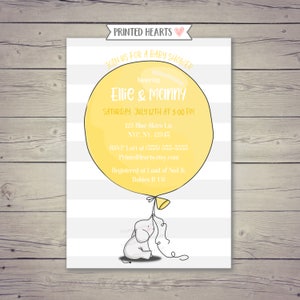 Elephant Baby Shower Invitation Gender Neutral Baby Shower Yellow Balloon Invite Elephant Gender Reveal Gray and Yellow Invite image 1