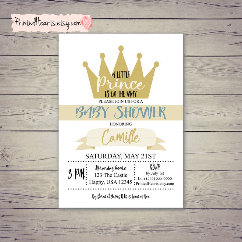 Prince Invitation, A Little Prince Is On The Way, Baby Boy Invitation, Baby Shower Invitation, Crown Invitation, Blue, Cream, Beige, Gold image 1