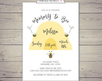 Mommy to Bee Baby Shower Invitation, Bee Themed Baby Shower Invitation, Gender Neutral Bee Invites, Hive & Honey Bee Invites, Printed Hearts
