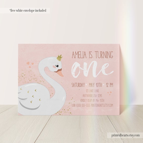 Swan Birthday Invitation with Gold Glitter or Silver, Swan Princess Birthday Invite Pink Swan Invite Girls 1st Birthday, Printed Hearts 0033 Il_570xn