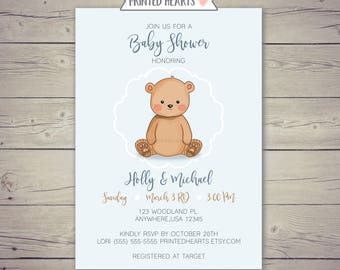 Classic Teddy Bear Baby Shower Invitation |  Blue and Navy  | Gingham Baby Shower Invite, Printable OR Professionally Printed Invite