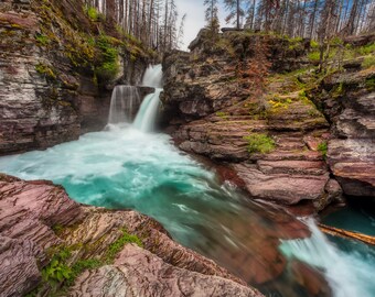 Glacier National Park waterfall photo – St Mary Falls photo – Glacier National Park canvas – Waterfall Montana – Metal print souvenir gift