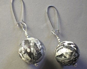 Handmade Black and White and Shades of Gray Paper Mache Earrings with Silver-colored accents