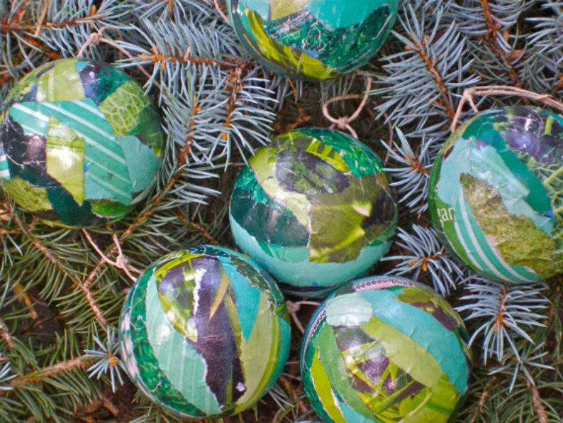 Handmade, Paper Mache Christmas Tree Ornaments Jade Green 2 & 1/2 Inch