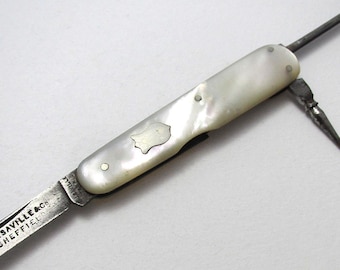 Antique Victorian Mother of Pearl & Steel Multi Tool Pocket Folding Penknife,  J.J. Saville, Sheffield c1890.