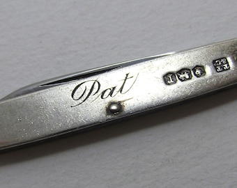 George V Sterling Silver Vintage Small Penknife, Engraved 'Pat', English Sheffield 1934.