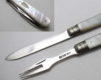Rare Antique Sheffield 1905 Combination Campaign Sterling Silver & Mother of Pearl Folding Fruitknife and Fork, William Needham.