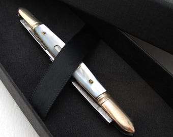 High Quality Antique Victorian Sheffield c1890 Double Folding Quill Pen Cutter Pencil Sharpener Mother of Pearl High Carbon Steel Penknife
