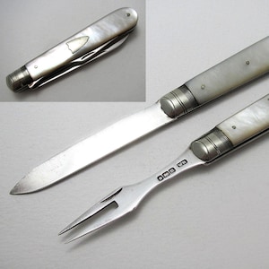 Rare Antique Sheffield 1904 Combination Campaign Sterling Silver & Mother of Pearl Folding Fruitknife and Fork, William Needham