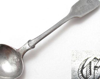 Monogram 'E' Solid Sterling Silver English Provincial Salt Condiment Mustard Pot Spoon Exeter Hallmarked James & Josiah Williams 1855