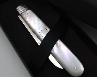 Fine Quality Sheffield Antique Victorian 1899 Sterling Silver & Mother of Pearl Folding Fruitknife