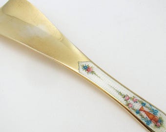 Rare Antique Solid Sterling Silver Gilt Floral White Guilloche Enamel Shoehorn c1920
