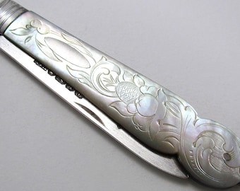 Beautiful Antique Victorian 1865 Sterling Silver Hand-carved Mother of Pearl Fruitknife, 19th-century Sheffield.