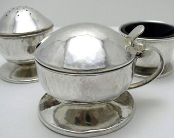 Rare Liberty & Co Arts and Crafts Antique Solid Sterling Silver Cruet, Salt Cellar, Pepper Pot, Mustard Pot Set, 1917.