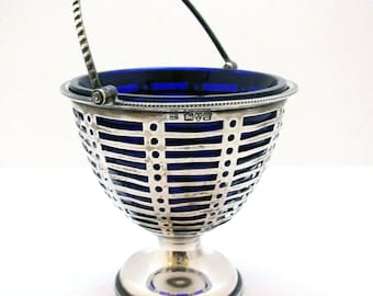 Antique English Chester Solid Sterling Silver Sugar Basket Bon Bon Blue Glass Liner Dish Bowl, 1920