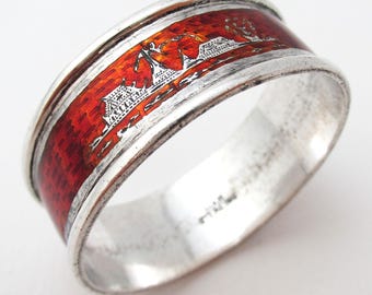 Vintage Siam Thai Sterling Silver Red Enamel Napkin Ring, Elephant Pagoda Inlay, c1960
