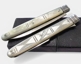 Rare Pair George III Antique Sheffield Mother of Pearl & Sterling Silver Folding Fruitknife and Fruit Fork c1800, Original Case.