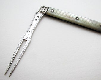 Antique George III (c1797) Sterling Silver & Mother of Pearl English Georgian Bright-Cut Large Folding Fruit Fork. 3 1/4".