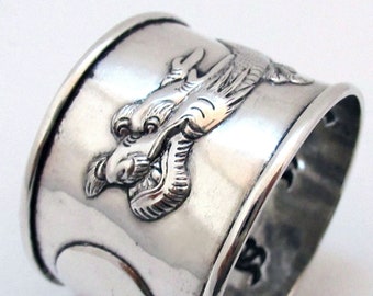 Antique c1910 Chinese Export Solid Sterling Silver Napkin Serviette Ring, Dragon Chasing Pearl.