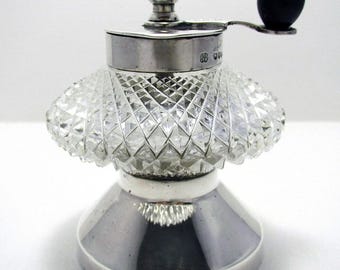 Antique Victorian Solid Sterling Silver Cut Glass Pepper Mill/Grinder, Hukin & Heath 1887.