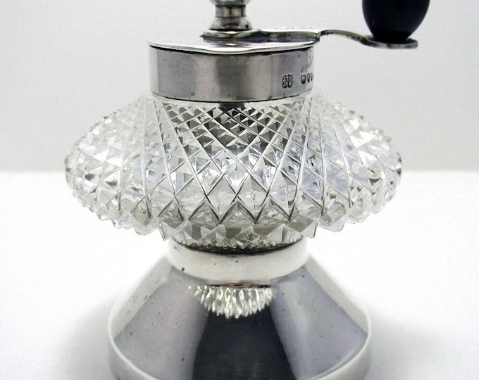 Featured listing image: Antique Victorian Solid Sterling Silver Cut Glass Pepper Mill/Grinder, Hukin & Heath 1887.