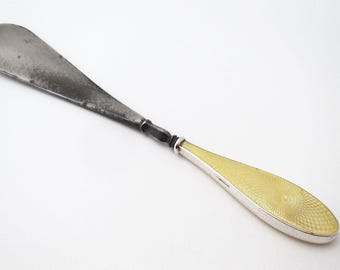 Antique Sterling Silver Handled Yellow Guilloche Enamel Shoehorn English Hallmarked Art Deco 1927