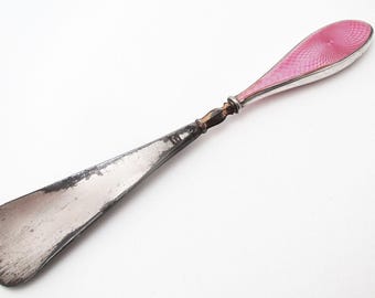Antique Sterling Silver Handled Pink Guilloche Enamel Shoehorn English Steel Art Deco